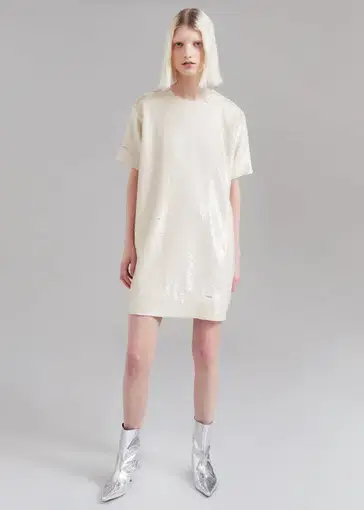 Frankie Shop Riley Sequin Tee Mini Dress Cream Size L/AU 12