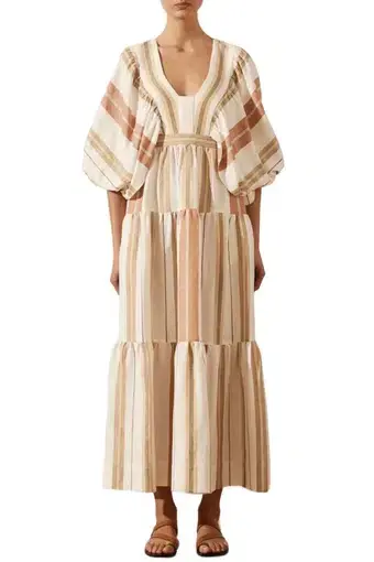 Shona Joy Suzana Midi Dress Beige Striped Size 10 