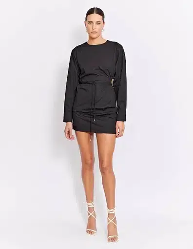 Pfeiffer Cadeaux Long Sleeve Cut Out Mini Drawstring Dress Black Size L/AU 12