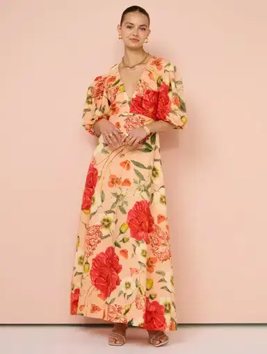 By Nicola Bolero Maxi Gathered Neckline Dress In Raspberry Punch Floral Size 10