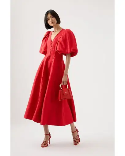 Aje Dusk Puff Sleeve Midi Dress Red Size 12 / L