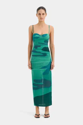 Sir The Label Frankie Gathered Midi Dress Emerald Reflection Size 8