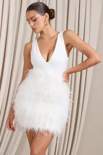Club L London Flirt  Plunge Front Mini Dress with Feather Skirt White Size 4 