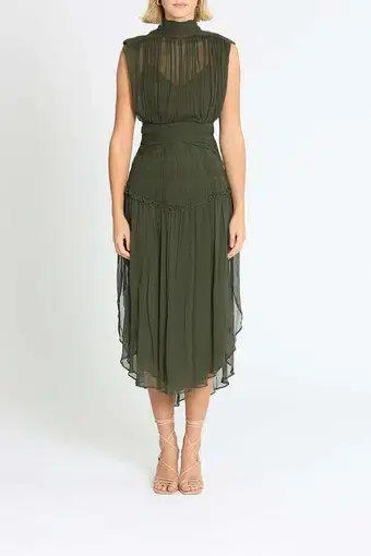 Shona Joy Safira Sleeveless Open Back Midi Dress in Olive Green Size 6