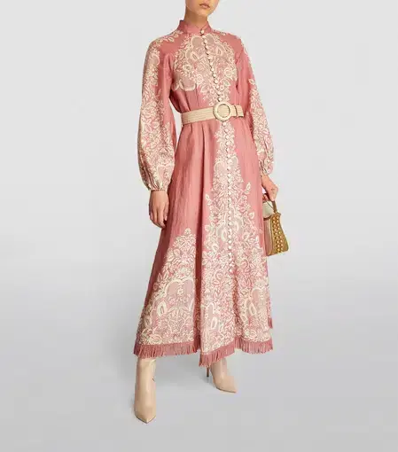 Zimmermann Pattie Fringed Midi Dress Rose Pink Baroque Floral Size 3 / AU 14