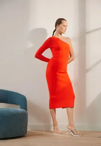 Victoria Beckham Body One Shoulder Midi Dress Red Orange Size 10