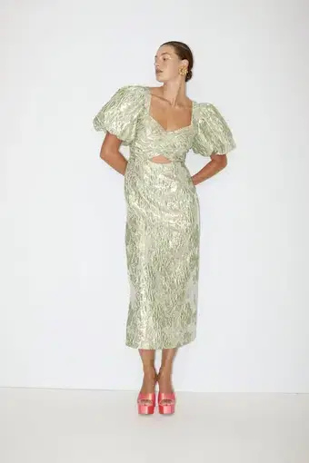 Alemais Mira Puff Sleeve Midi Dress Green Silver Size 14