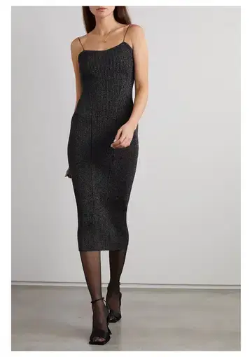 Khaite Pilar Metallic Ribbed Knit Midi Dress Black Size 6