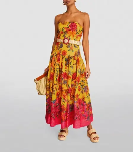 Zimmermann The Ginger Strapless Midi Dress in Pink/Yellow Floral Size 1/AU 10