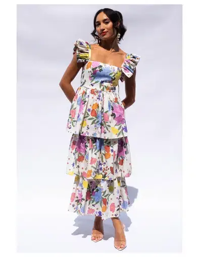 Isabella Longginou Polka Dot Floral Frill Dress Multi Size 12
