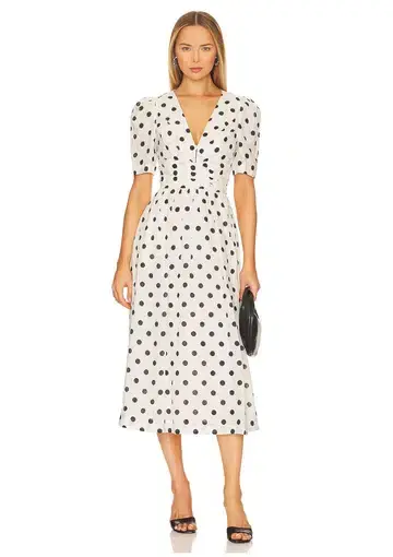 Zimmermann The V Neck Midi Dress in Cream/Black Dot Size 1 /AU 10