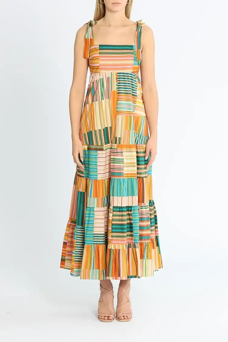 Alemais Sloane Tiered Midi Dress in Multi Stripe Size 8 - Image 1