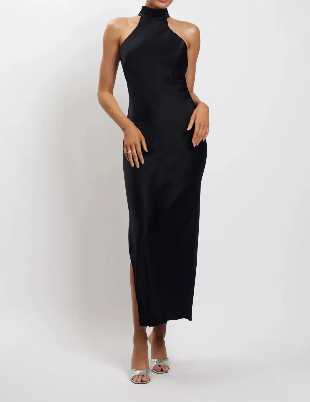 Meshki Claire Satin Drape Back Maxi Dress Black Size S / AU 8 for rent on The Volte - main image