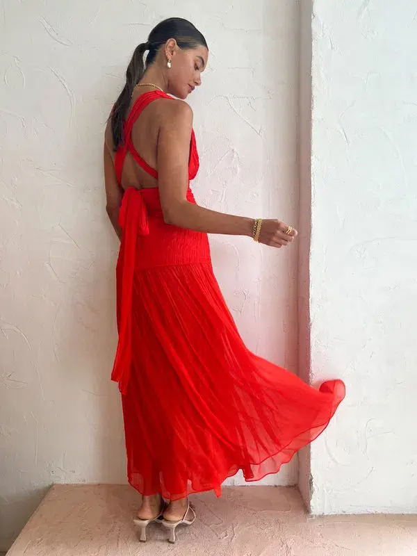 Shona Joy Leilani Midi Plunge Tie Back Dress Hibiscus Red Size 6 for rent on The Volte - main image