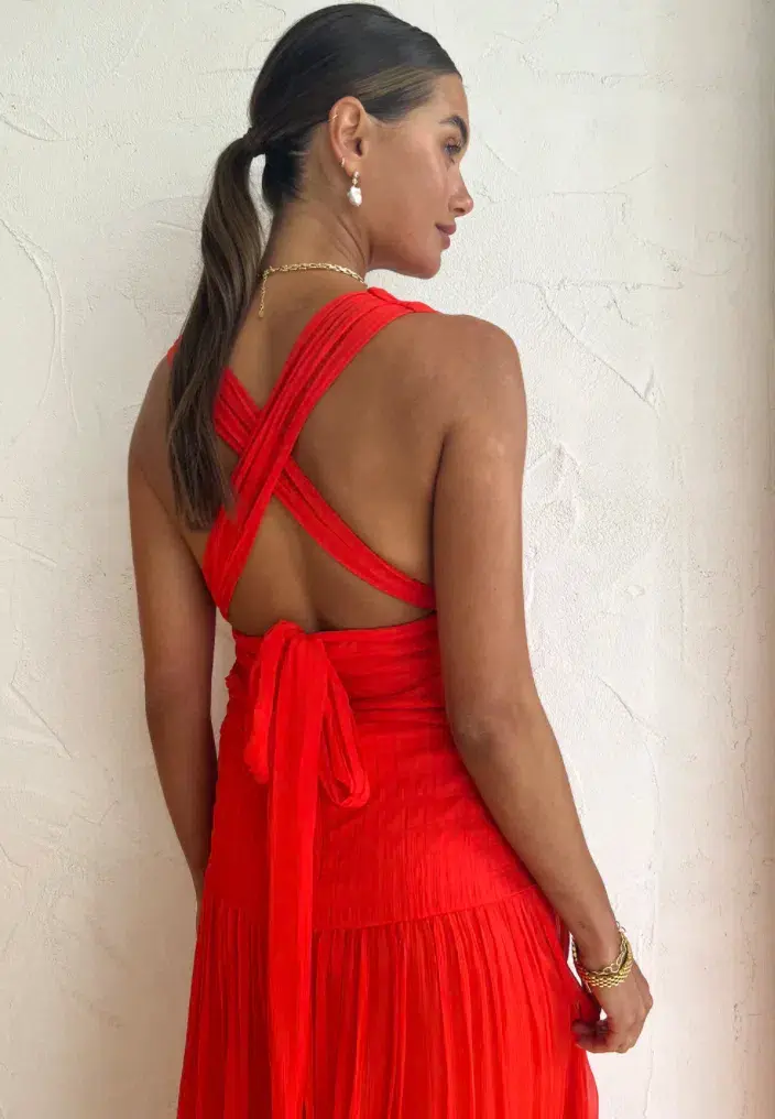 Shona Joy Leilani Midi Plunge Tie Back Dress Hibiscus Red Size 6 for rent on The Volte - main image