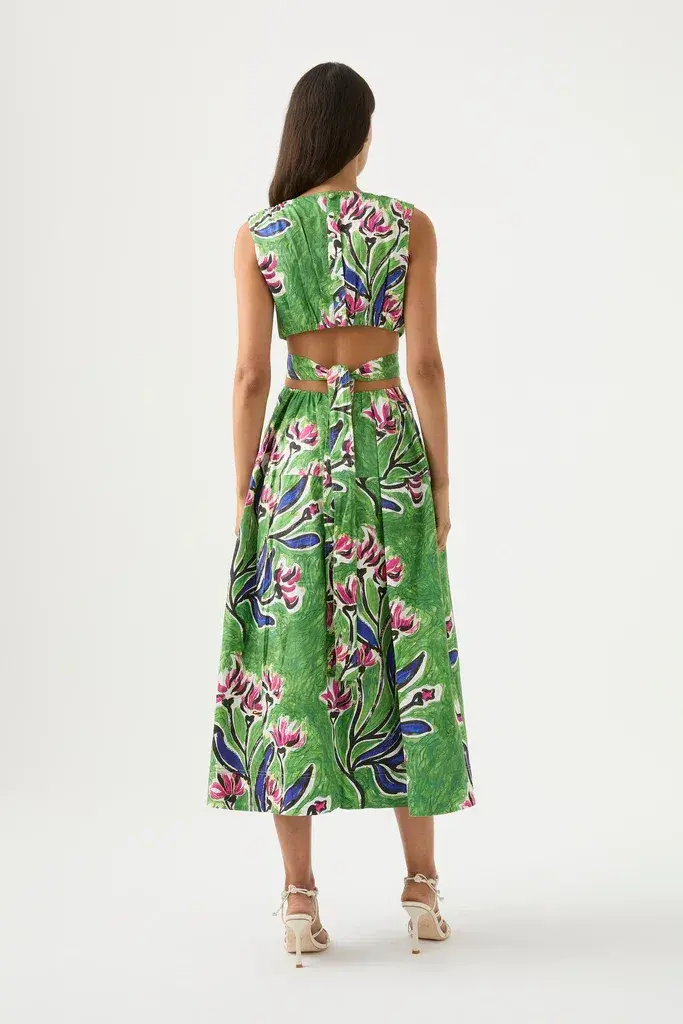 Aje Zorina Tie Midi Cutout Sleeveless Dress Native Gumnut Floral Size 10 for rent on The Volte - main image