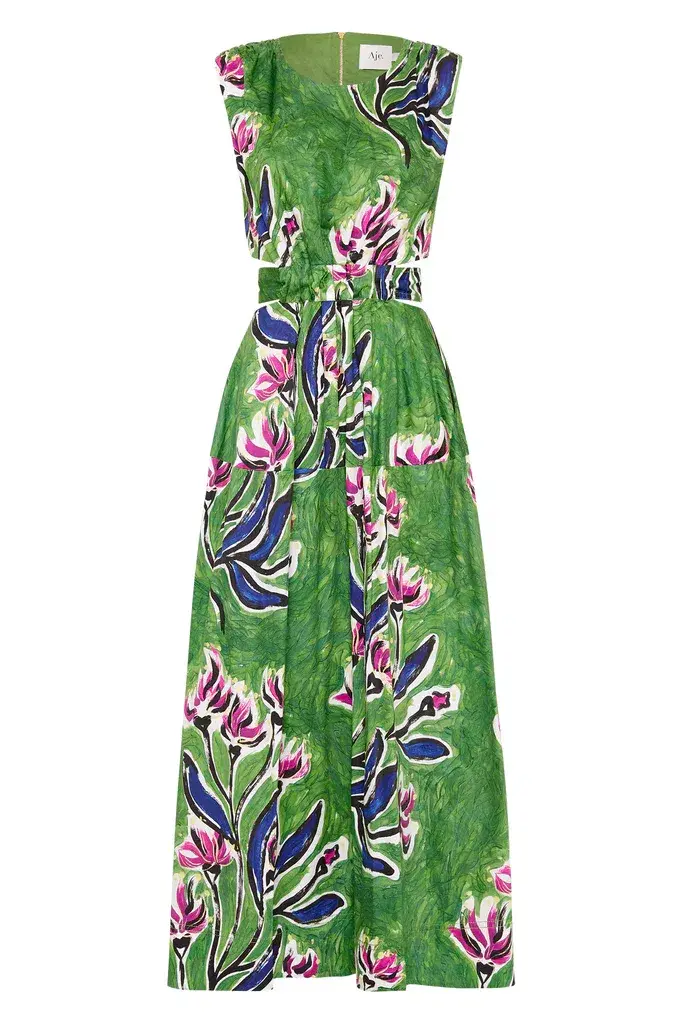 Aje Zorina Tie Midi Cutout Sleeveless Dress Native Gumnut Floral Size 10 for rent on The Volte - main image