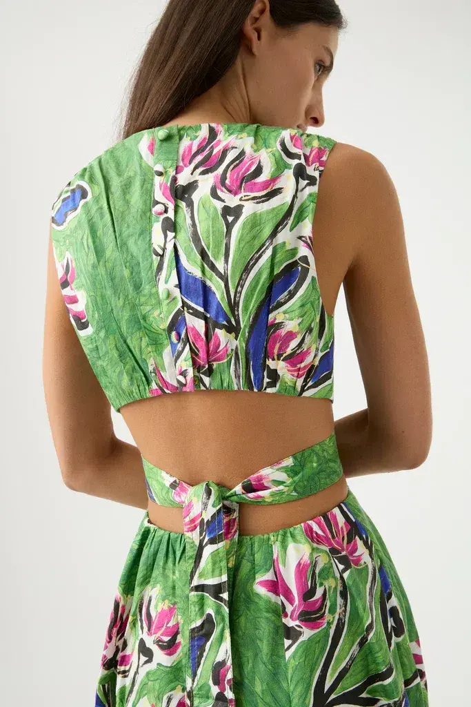 Aje Zorina Tie Midi Cutout Sleeveless Dress Native Gumnut Floral Size 10 for rent on The Volte - main image