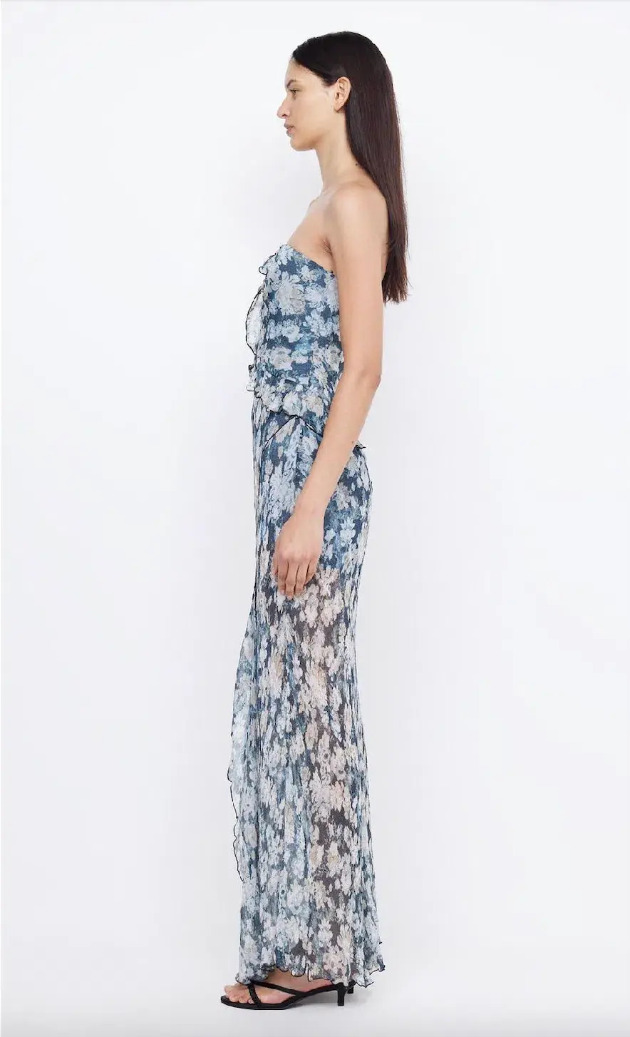 Bec & Bridge Opal Strapless Frill Ruffle Maxi Dress Denim Floral Size AU 8 for rent on The Volte - main image