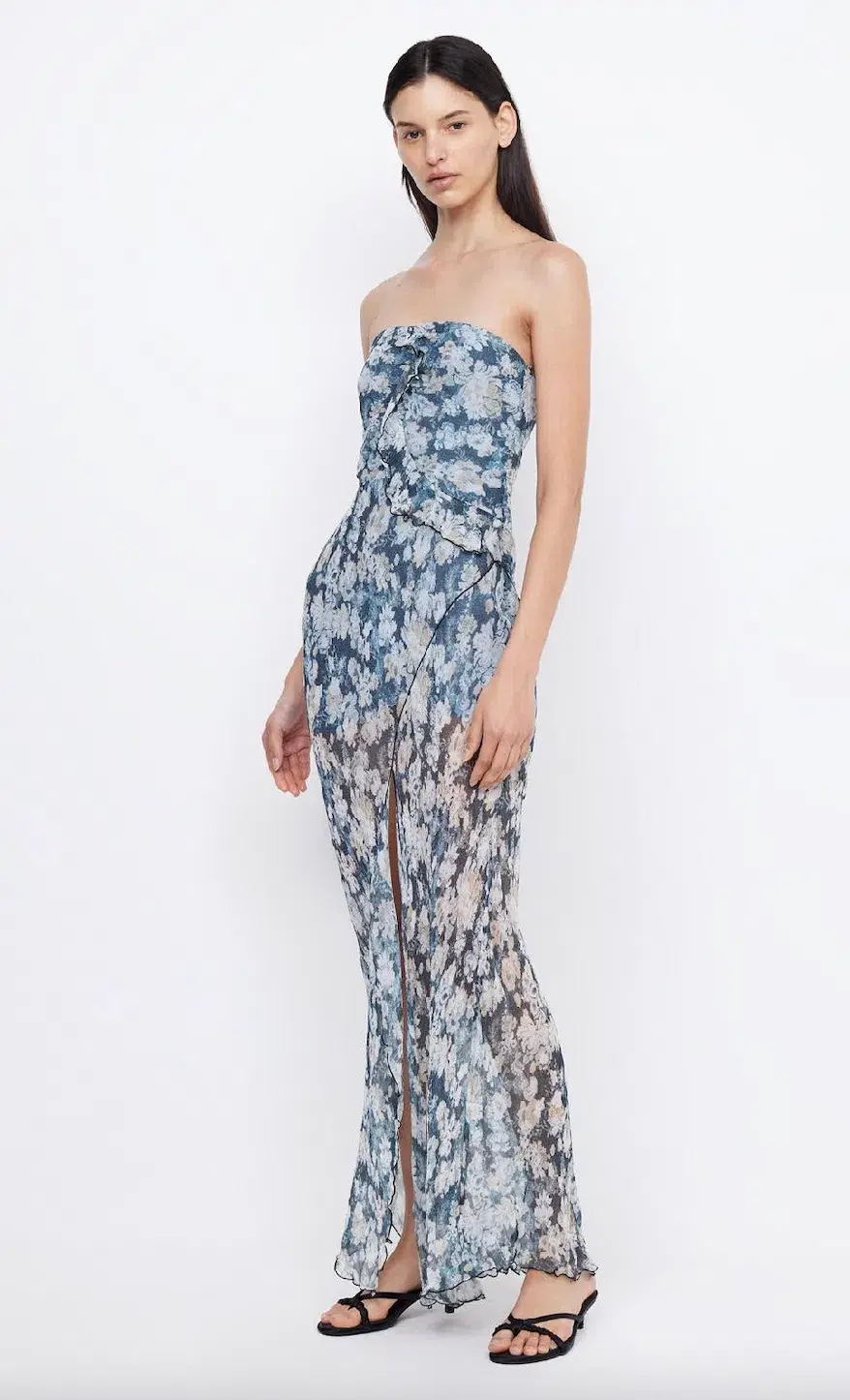 Bec & Bridge Opal Strapless Frill Ruffle Maxi Dress Denim Floral Size AU 8 for rent on The Volte - main image