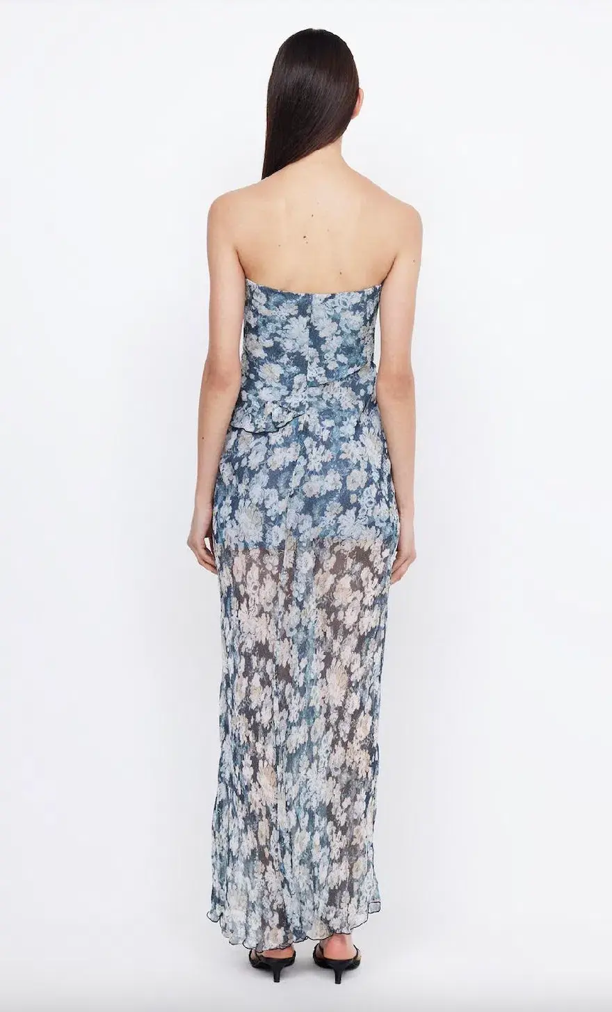 Bec & Bridge Opal Strapless Frill Ruffle Maxi Dress Denim Floral Size AU 8 for rent on The Volte - main image