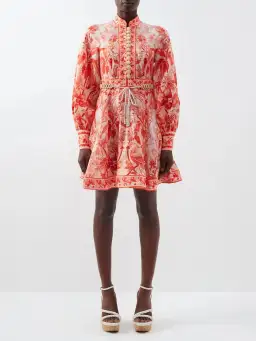 Zimmermann Lyre Billow Sleeve Mini Dress Red Palm Print Size 0/Au 8