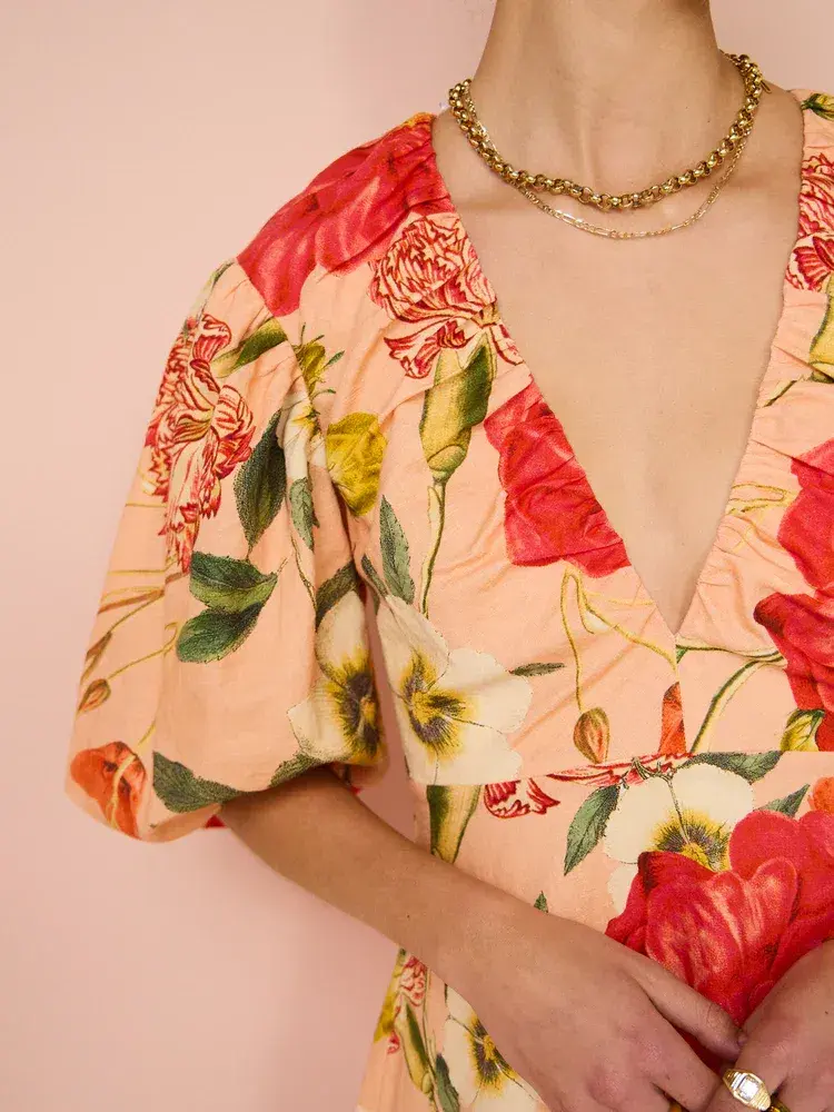 By Nicola Bolero Gathered Neckline Mini Dress In Raspberry Punch Floral Size 8 for rent on The Volte - main image