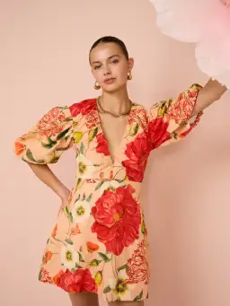 By Nicola Bolero Gathered Neckline Mini Dress In Raspberry Punch Floral Size 8 for rent on The Volte - image 2