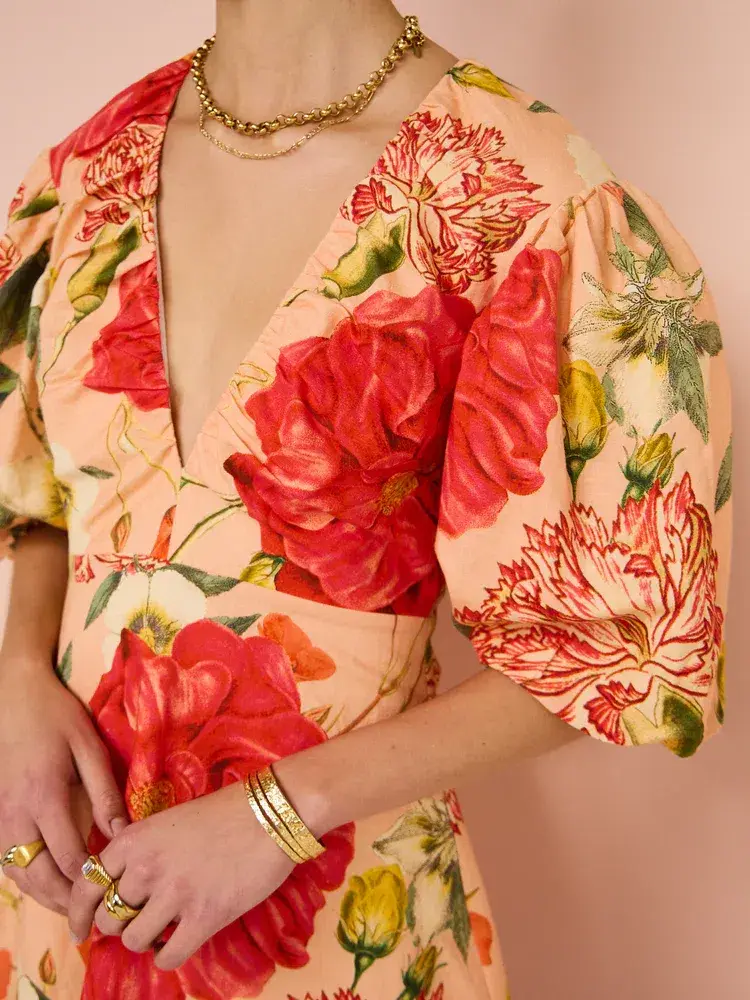 By Nicola Bolero Gathered Neckline Mini Dress In Raspberry Punch Floral Size 8 for rent on The Volte - main image