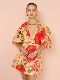 By Nicola Bolero Gathered Neckline Mini Dress In Raspberry Punch Floral Size 8 for rent on The Volte - image 7