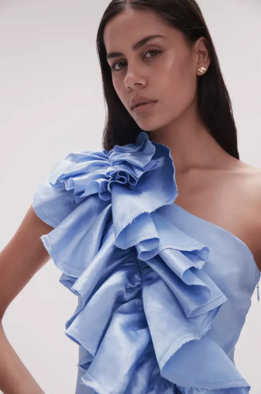 Aje Adelia Ruffle Midi Dress Light Sky Blue Size 12 for rent on The Volte - main image