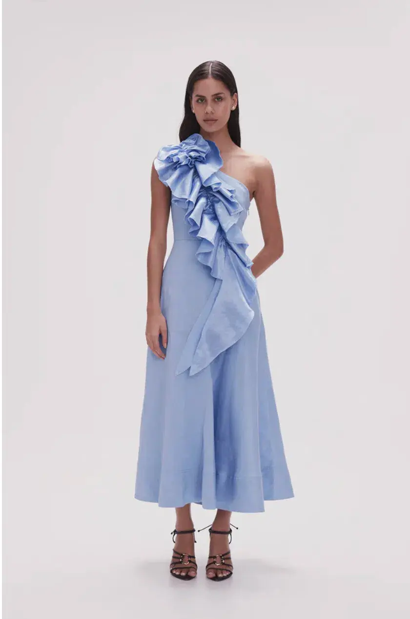 Aje Adelia Ruffle Midi Dress Light Sky Blue Size 12 for rent on The Volte - main image