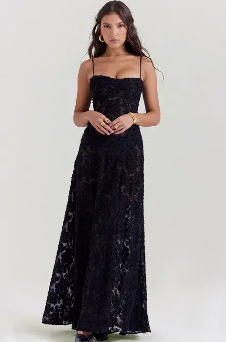 House Of Cb Seren Floral Sheer Lace Back Maxi Dress Black Size S / Au 8 for rent on The Volte - main image