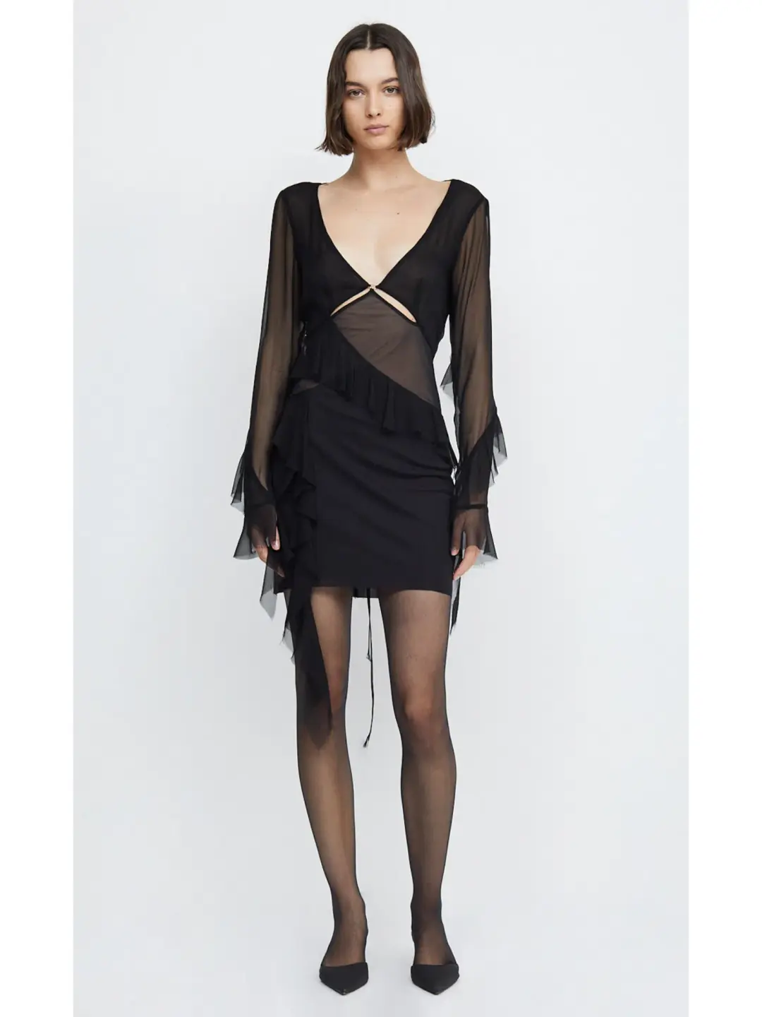 Bec & Bridge Aurelie Frill Long Sleeve Mini Dress Black Size AU 6 for rent on The Volte - main image