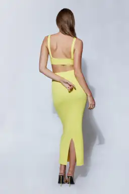 Meshki Kasha Twist Front Knit Top and Knit Split Midi Skirt Set in Lemon Yellow Size XS/ AU 6 for rent on The Volte - image 5