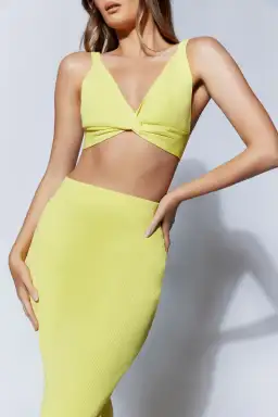 Meshki Kasha Twist Front Knit Top and Knit Split Midi Skirt Set in Lemon Yellow Size XS/ AU 6 for rent on The Volte - image 4