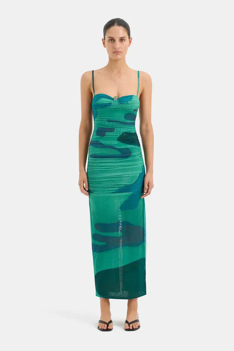 Sir the Label Frankie Gathered Midi Dress Emerald Reflection Size 1 / AU 8 for rent on The Volte - main image