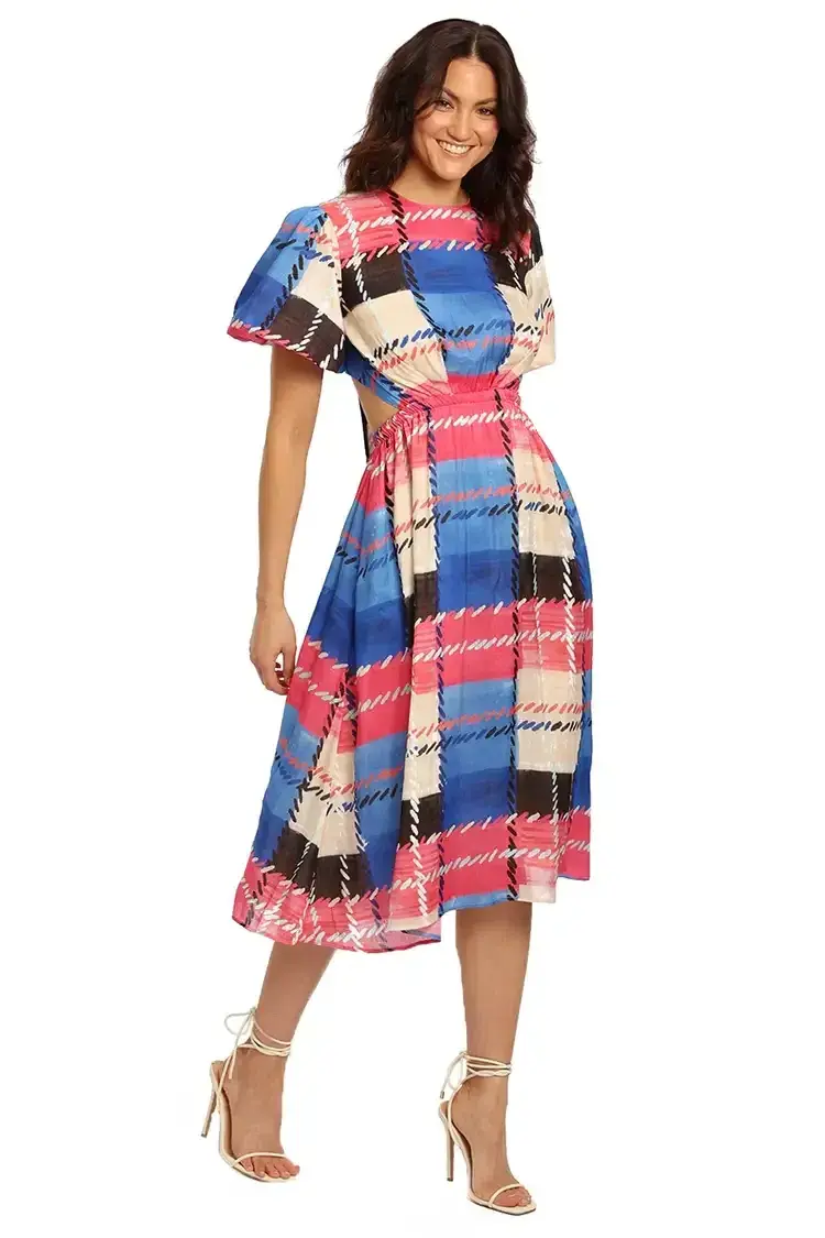 Leo Lin Freedom Madras Cut Out Midi Dress Multi Size 10 for rent on The Volte - main image