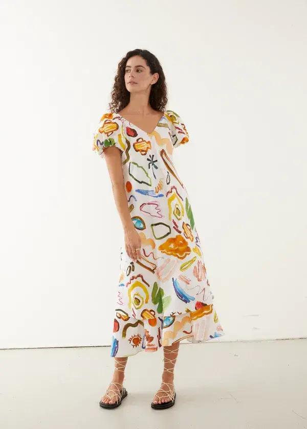 Rooh Collective Tara Midi Multi Print on White Size M / AU 10 for rent on The Volte - main image