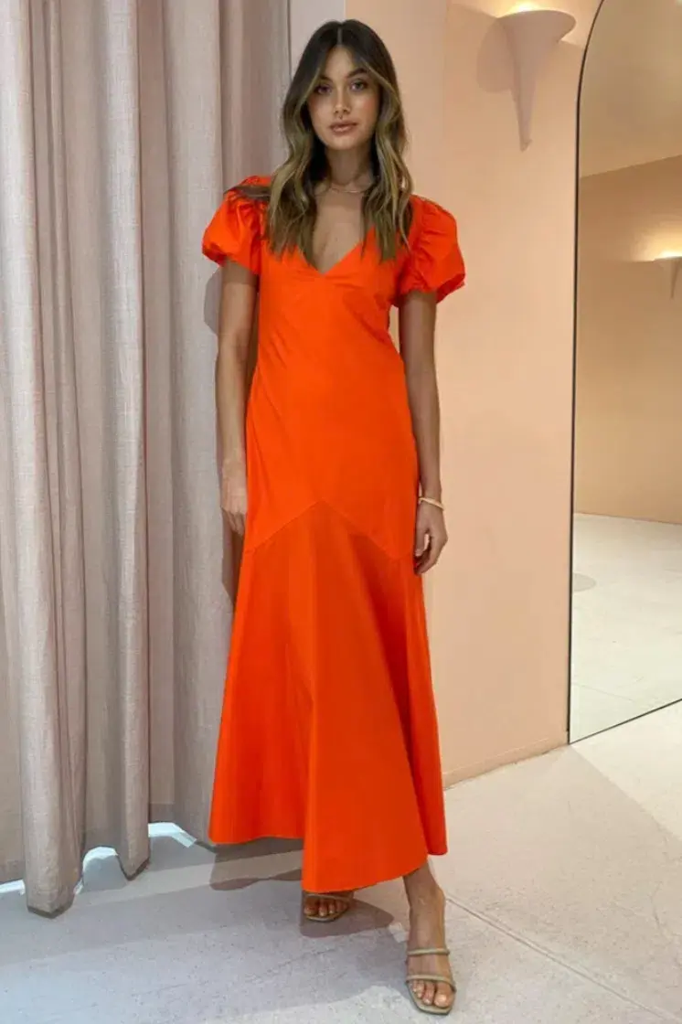 Sir the Label Anja Panelled Midi Dress Mandarin Red Size 10 for rent on The Volte - main image