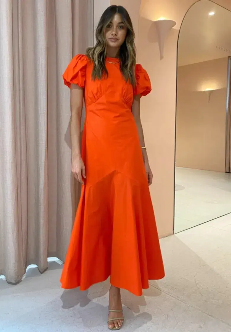 Sir the Label Anja Panelled Midi Dress Mandarin Red Size 10 for rent on The Volte - main image