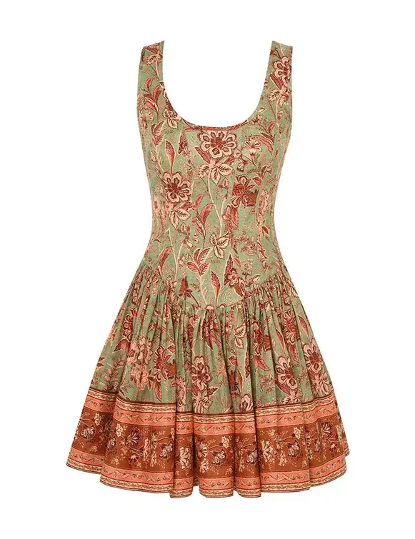 Zimmermann The Junie Panelled Mini Dress in Sage/Brown Floral Size 1/AU 10 for rent on The Volte - main image