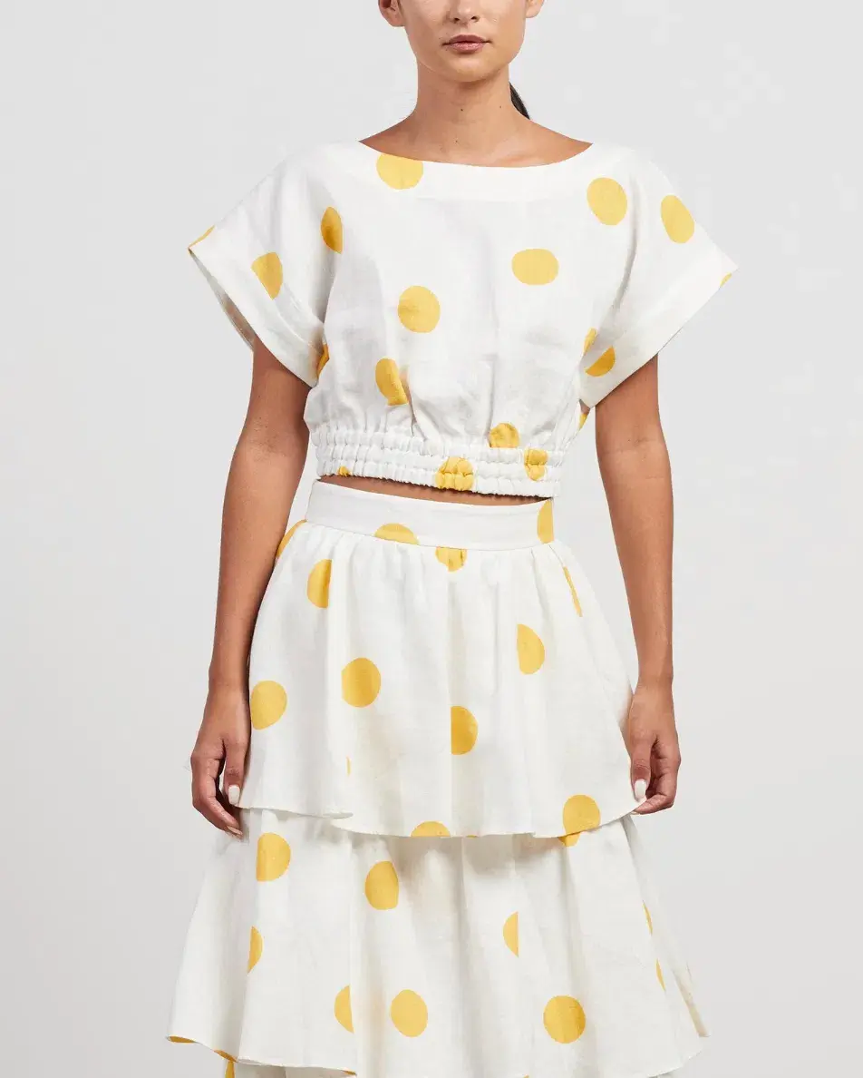 Rebecca Vallance Aya Polka-Dot Linen Midi Skirt and Crop Set White Print Size 12 for rent on The Volte - main image
