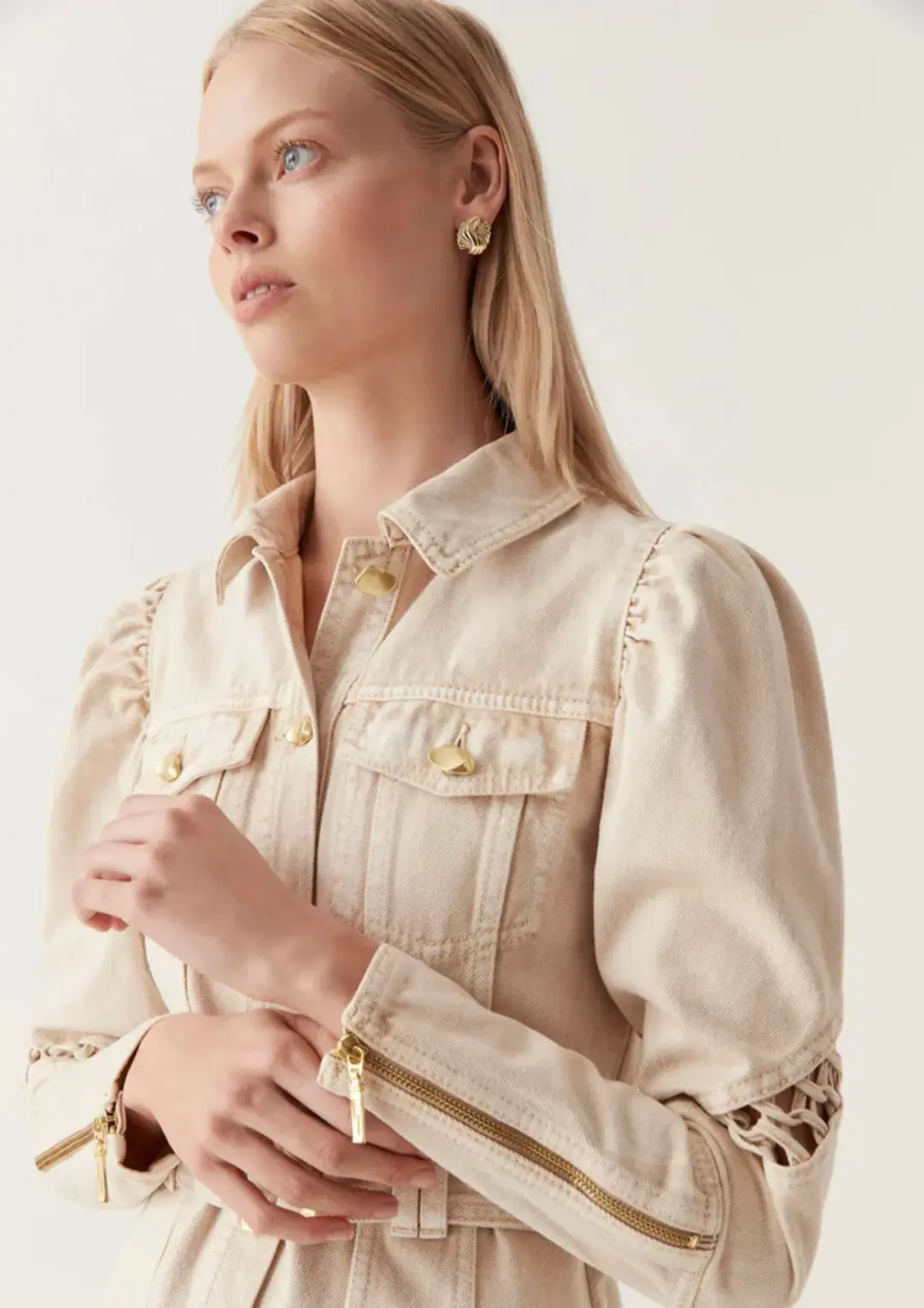 Aje Effie Braided Denim Mini Dress Beige Size 8 for rent on The Volte - main image