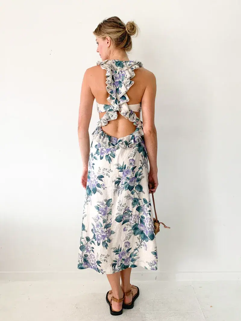 Zimmermann Cassia Ruffle Linen Midi Dress Floral Size 0 / AU 6-8 for rent on The Volte - main image