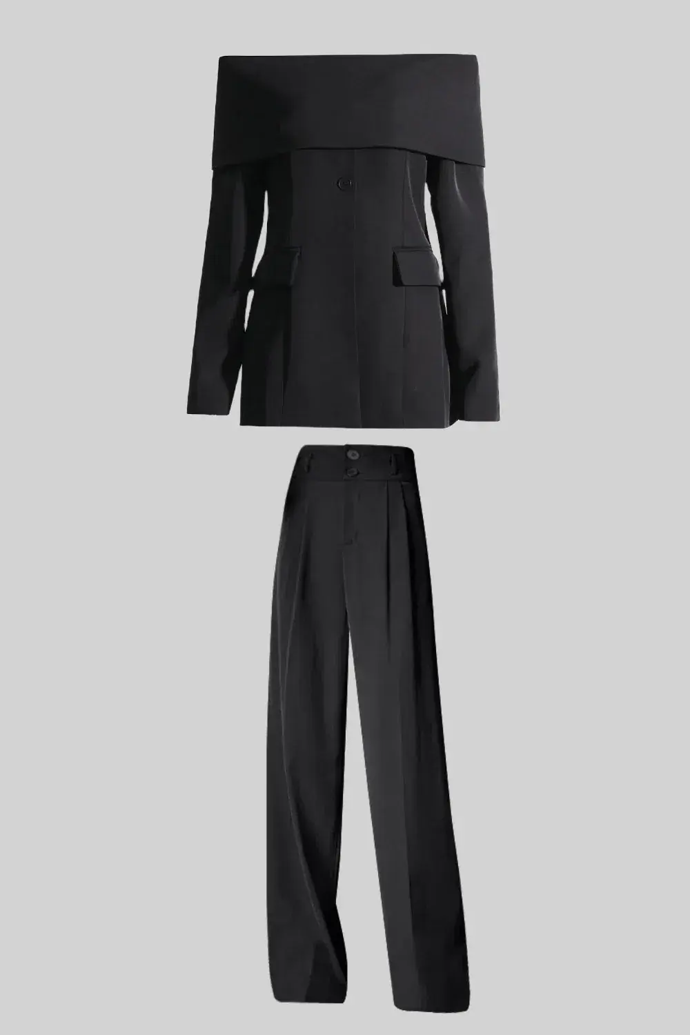 Sierra Darien Cut Out Shoulder Jacket and High Waist Loose Pants Set Black Size M / AU 10 for rent on The Volte - main image