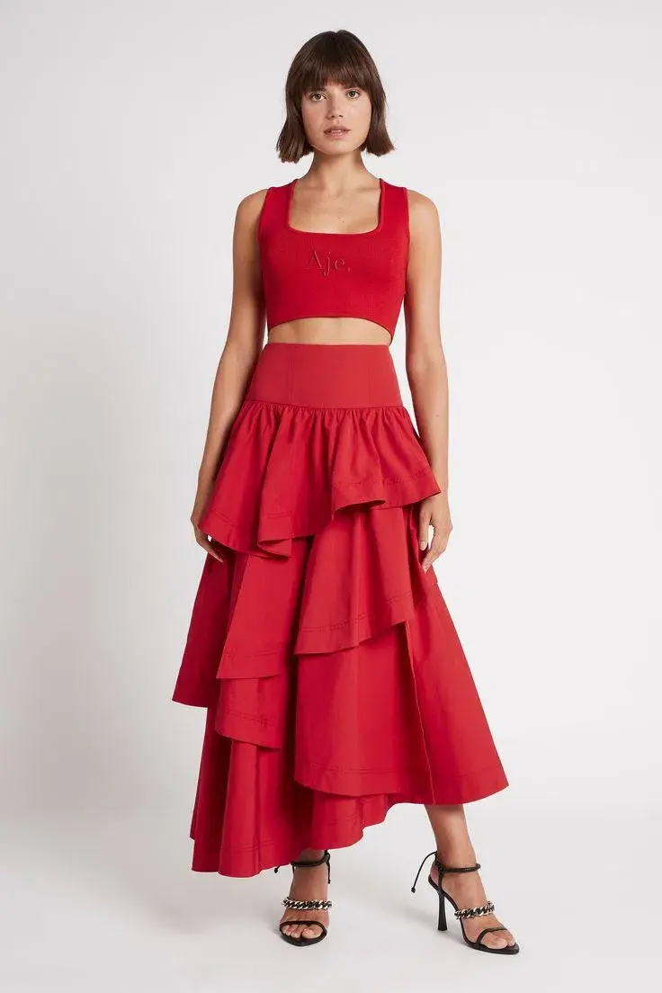 Aje Cosmos Tiered Frill Midi Skirt Red Size 8 for rent on The Volte - main image