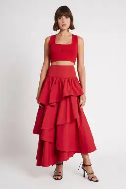 Aje Cosmos Tiered Frill Midi Skirt Red Size 8 for rent on The Volte - image 4