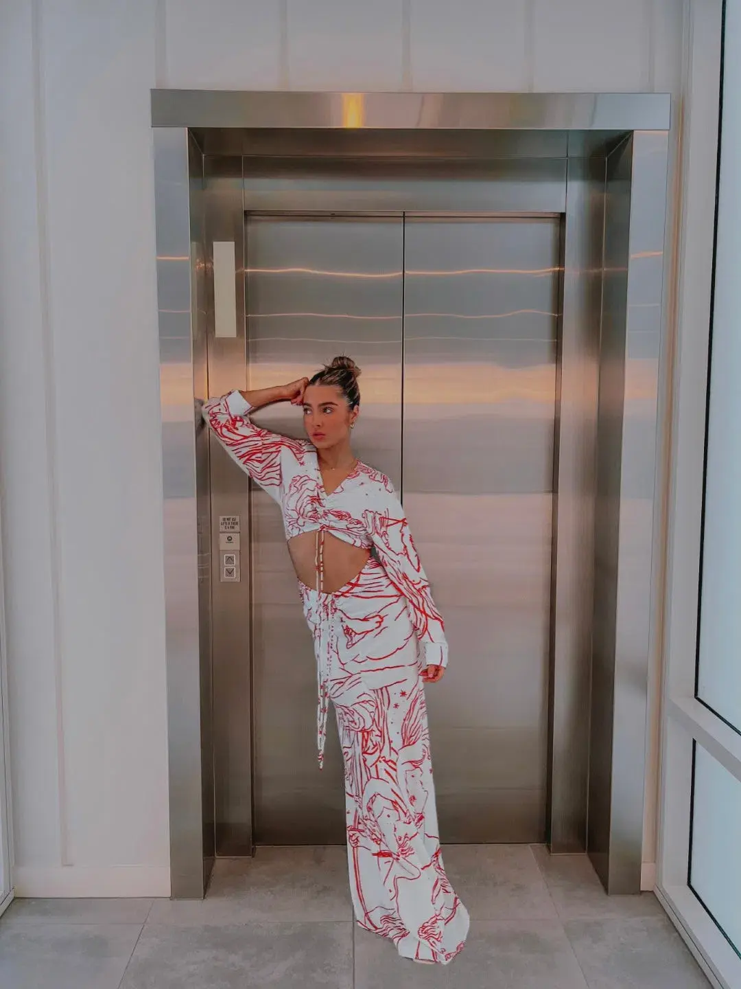 Christopher Esber Ruched Disconnect Shirt Dress Odyssey Print in Red/Ice Size 4 for rent on The Volte - main image