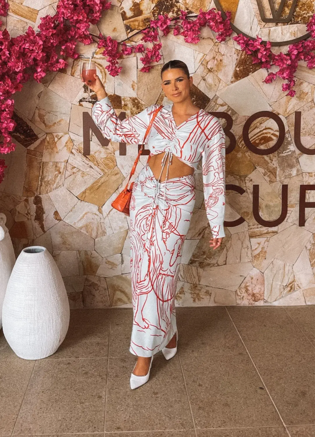 Christopher Esber Ruched Disconnect Shirt Dress Odyssey Print in Red/Ice Size 4 for rent on The Volte - main image